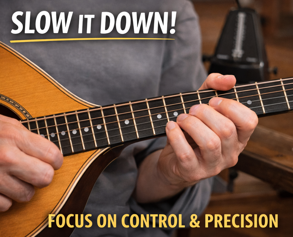 Close-up of bouzouki player practising slowly with emphasis on control and precision.